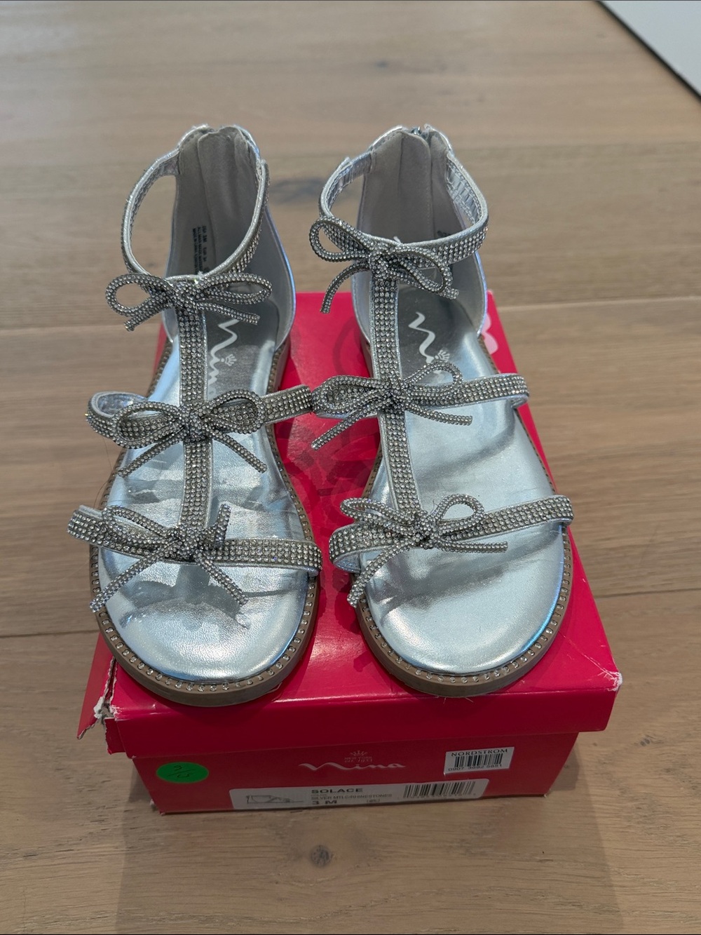 Nina Girls Silver Rhinestone T-Strap Bow Sandals